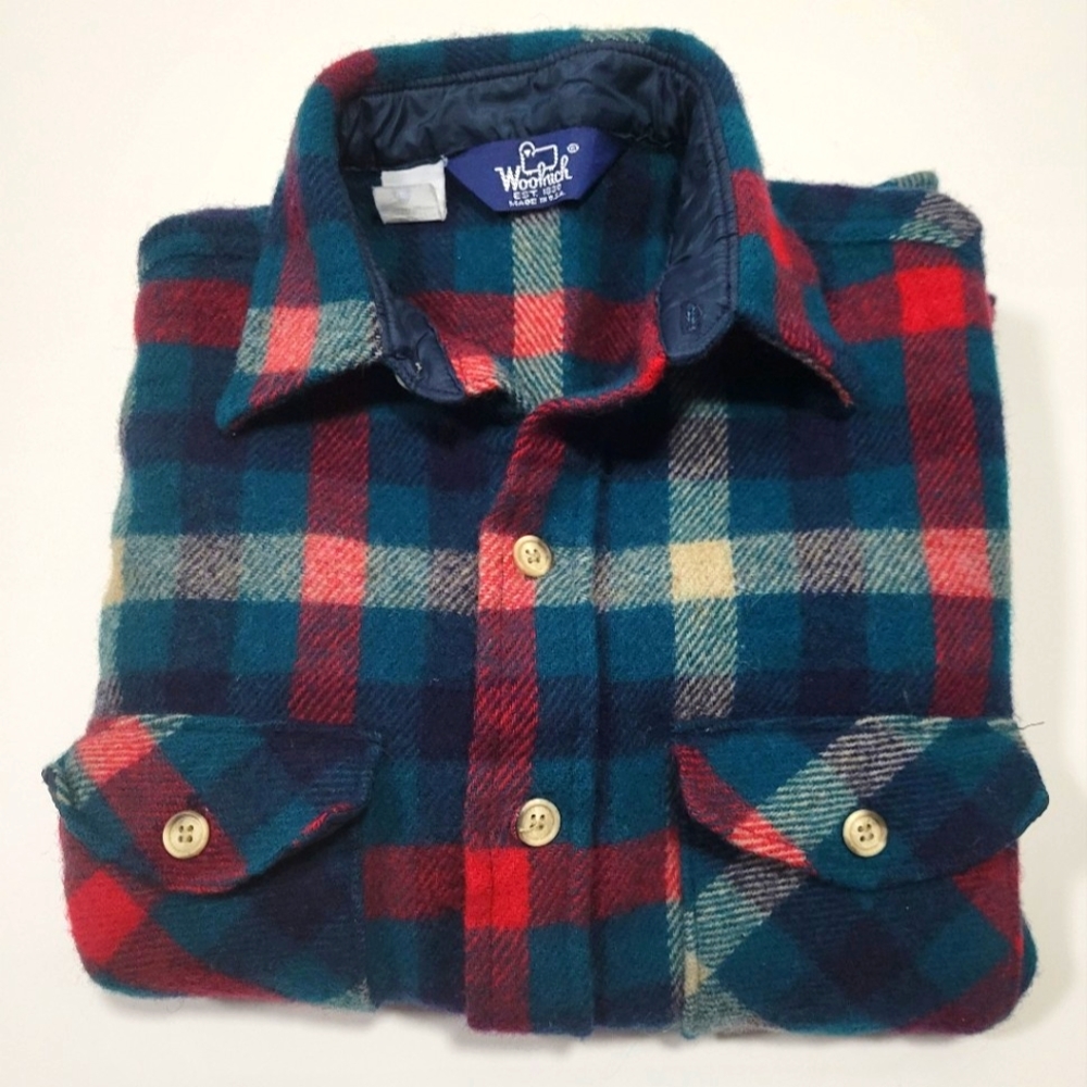 Vintage Woolrich Wool Shirt Green/Red Plaid Size "M" Made In USA.